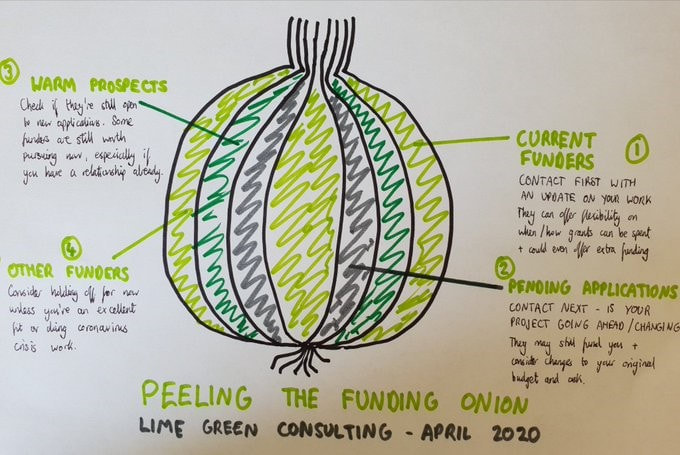 Onion sketch showing funding priorities drawn by Lime Green Consulting