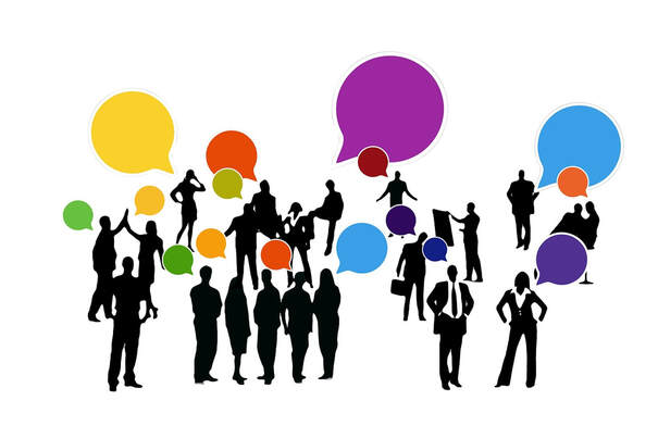 Silhouettes of a large number of people in different small groups, with colourful speech bubbles coming out of their mouths