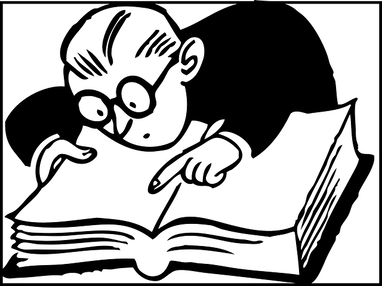 Black and white cartoon of a person wearing glasses leaning over a large book and reading very carefully, with their finger pointing at the page