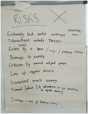 Flipchart with handwritten risks from group session
