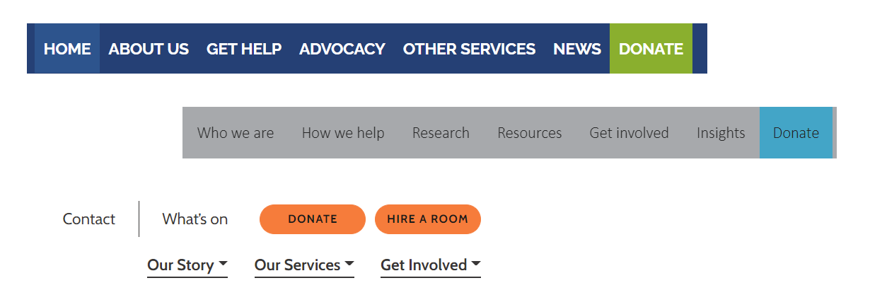 Screenshot of several prominent donate buttons on charity website navigation bars