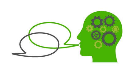 Lime green silhouette of a head with cogs turning and speech bubbles coming out