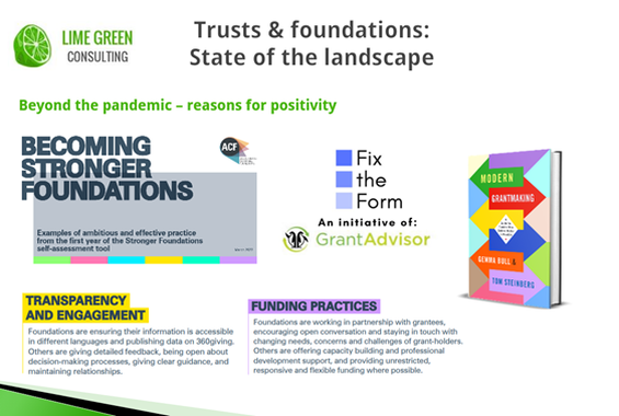 A screenshot of our training slide on reasons for positivity in the trusts & foundations landscape, highlighting the Becoming Stronger Foundations report, the Fix the Form movement, and the Modern Grantmaking book