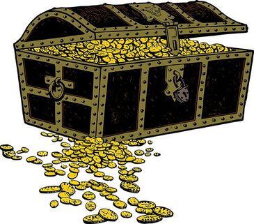 Image of a black treasure chest with gold metalwork, slightly open to reveal thousands of gold coins inside and spilling out