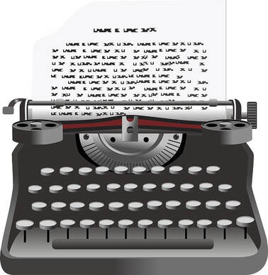 Cartoon image of a grey typewriter, with a half-typed page appearing out the top