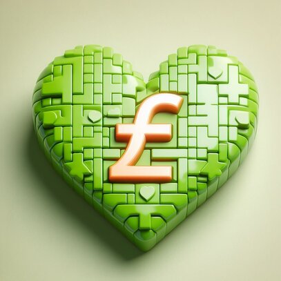 A lime green heart made up of various abstract shapes, with a golden pound sign embedded in the middle of it, on a pale green background