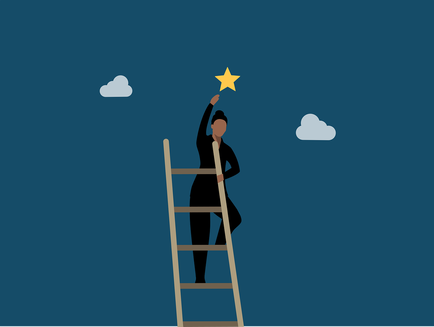 Cartoon image of a person climbing a ladder to touch a yellow star in the sky. The person is dressed in black and the background is the dark blue colour of a night sky